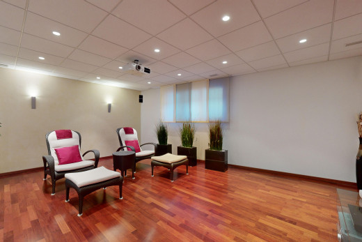 salon avec lumière naturelle, faux plafond, et plancher de bois