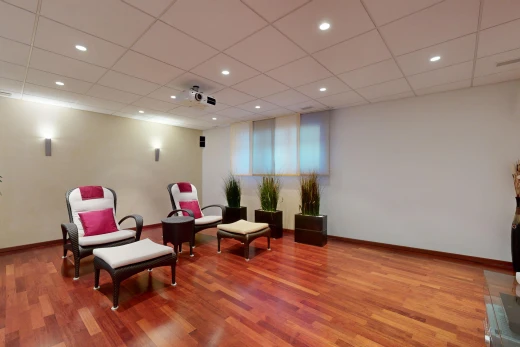 salon avec lumière naturelle, faux plafond, et plancher de bois