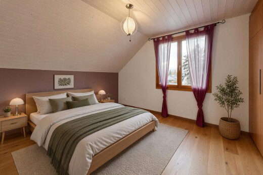 chambre avec pièce supplémentaire, sol en finition bois, wood finish floor, plafond voûté, et vaulted ceiling