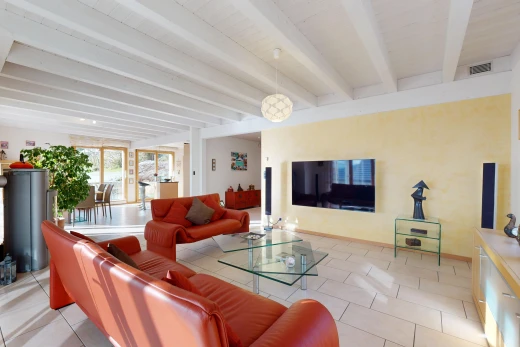 salon avec poutres apparentes, lumière naturelle, télévision, et carrelage