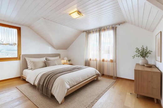 chambre avec wood finish floor, sol en finition bois, drywall, cloison sèche, et virtually staged
