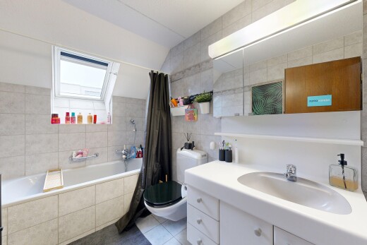 bad mit tile wall, fliesenwand, kombiniertes bad / dusche, schminktisch, und inside property
