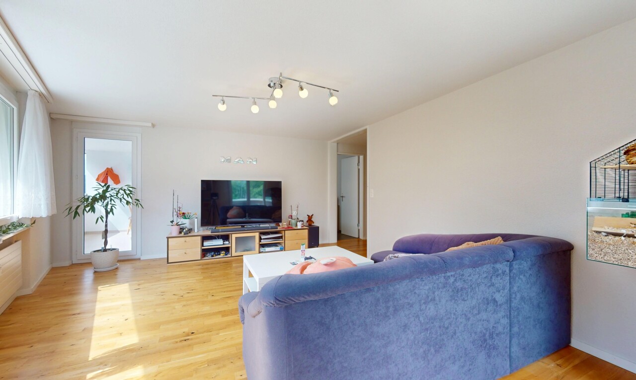 wohnzimmer mit wood finish floor, holzfußboden, fernseher, inside property, und drywall