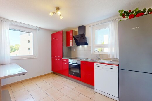 küche mit kühlschrank, geschirrspülmaschine, ofen, dunstabzugshaube, und natural light