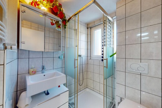 bad mit fliesenwand, tile wall, inside property, toilette, und natürliches licht