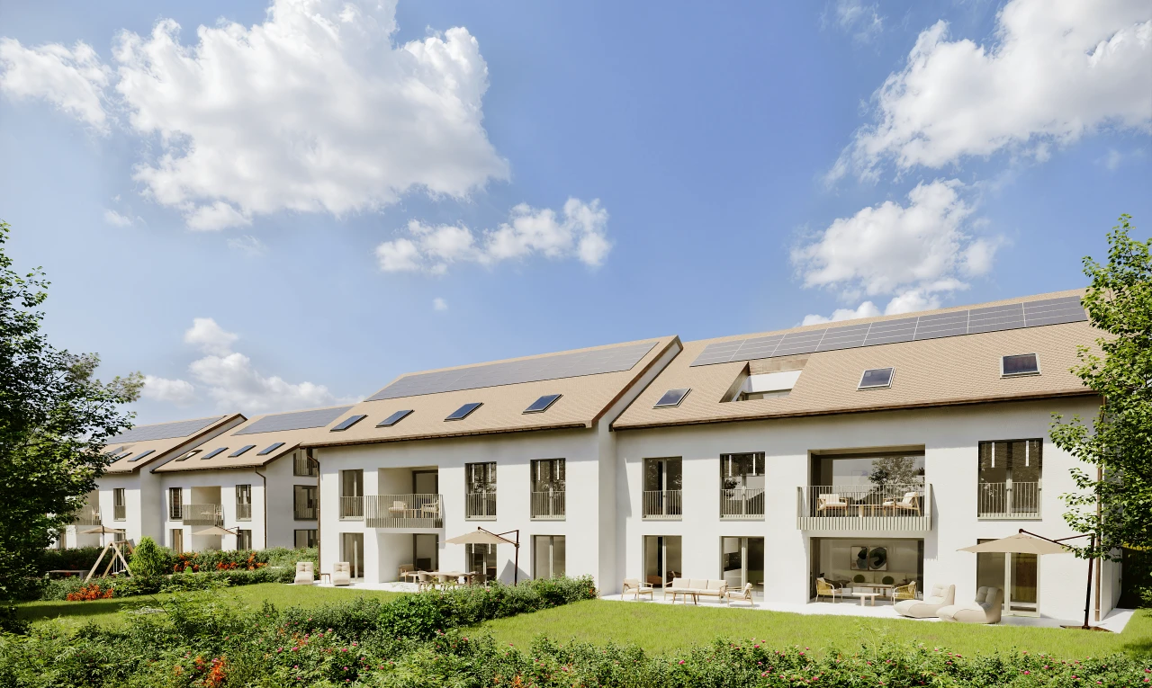 außenansicht mit rasen und balkon