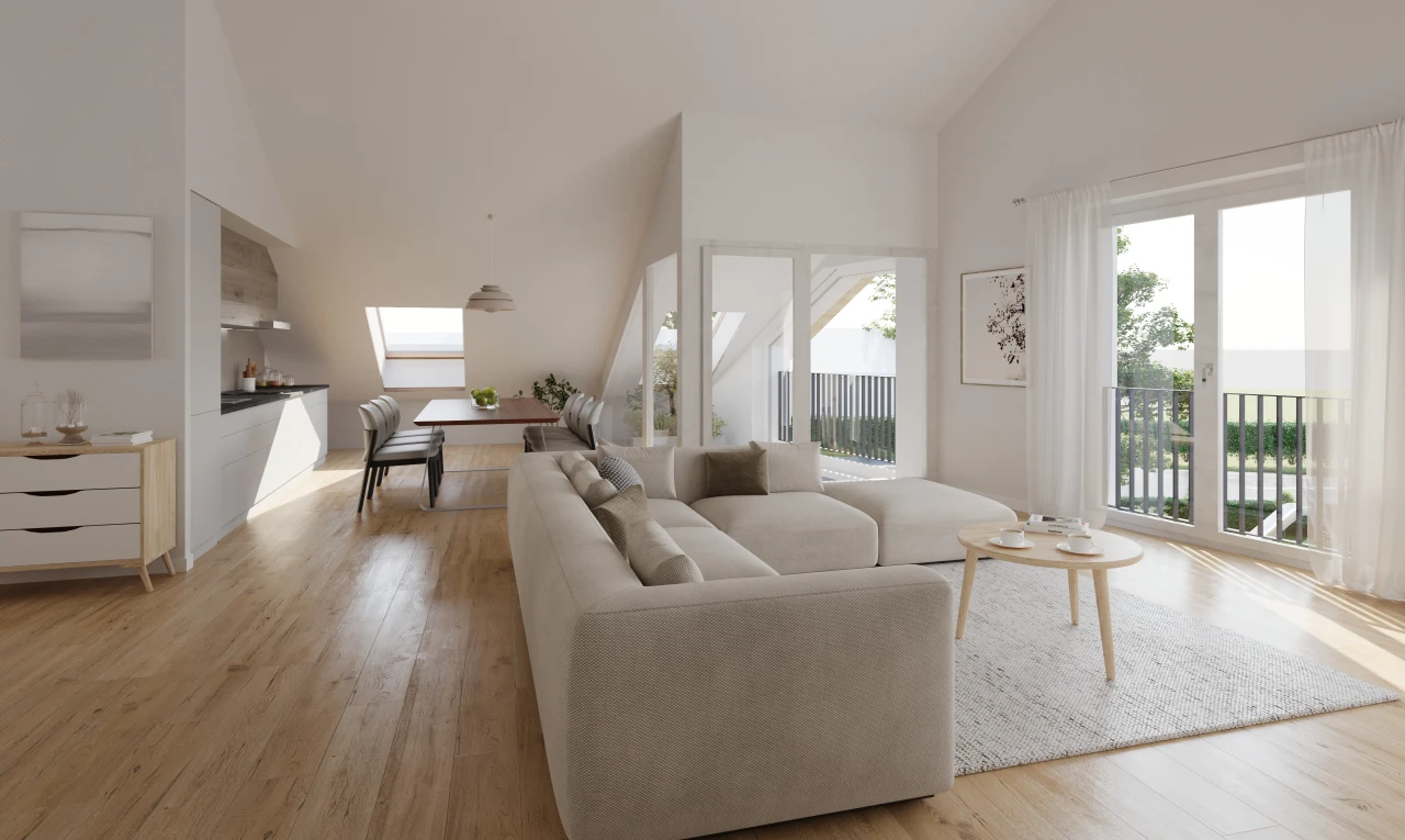 wohnzimmer mit hohe decke, dachfenster, parkettboden, und natürliches licht