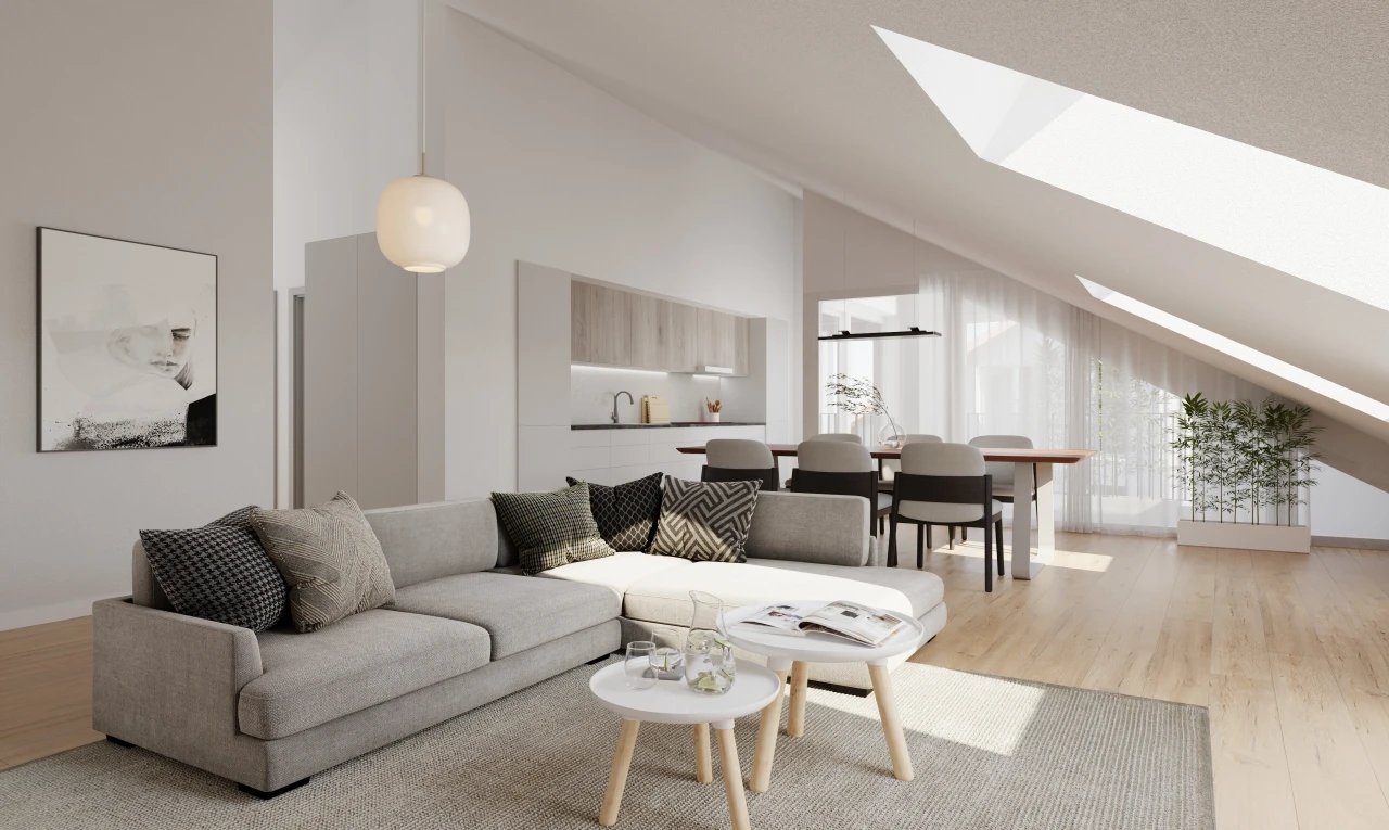 wohn- / esszimmer mit parkettboden, dachschräge, natürliches licht, und dachfenster