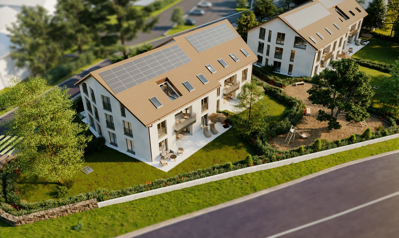 außenansicht mit terrasse, rasen, und solaranlage