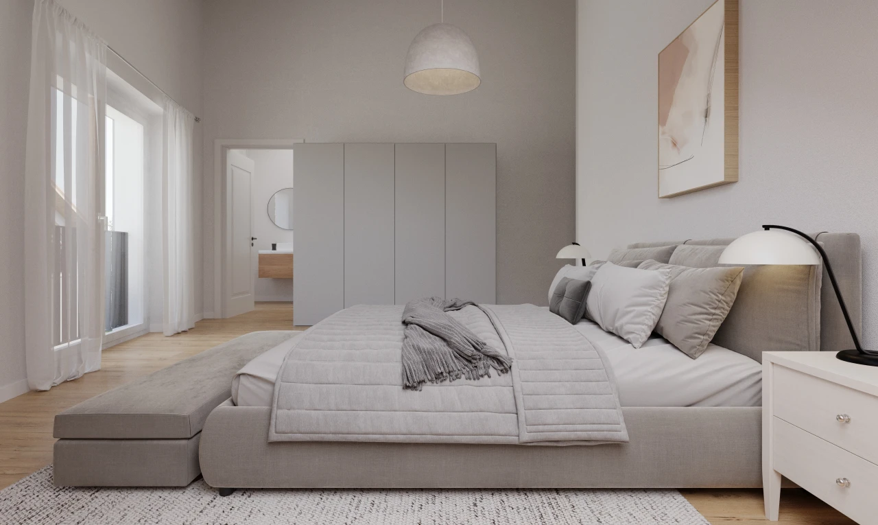 zimmer / schlafzimmer mit bad angrenzend schalfzimmer, natürliches licht, und parkettboden