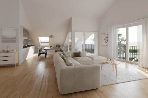 wohnzimmer mit hohe decke, dachfenster, parkettboden, und natürliches licht