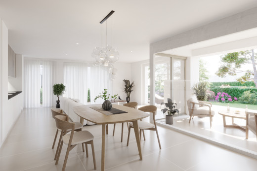 esszimmer mit fliesenboden, bemerkenswerter kronleuchter, und natürliches licht