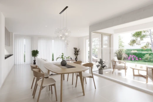 esszimmer mit fliesenboden, bemerkenswerter kronleuchter, und natürliches licht