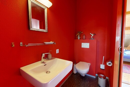 bad mit waschbecken, inside property, spiegel, gäste-wc, und vinylboden