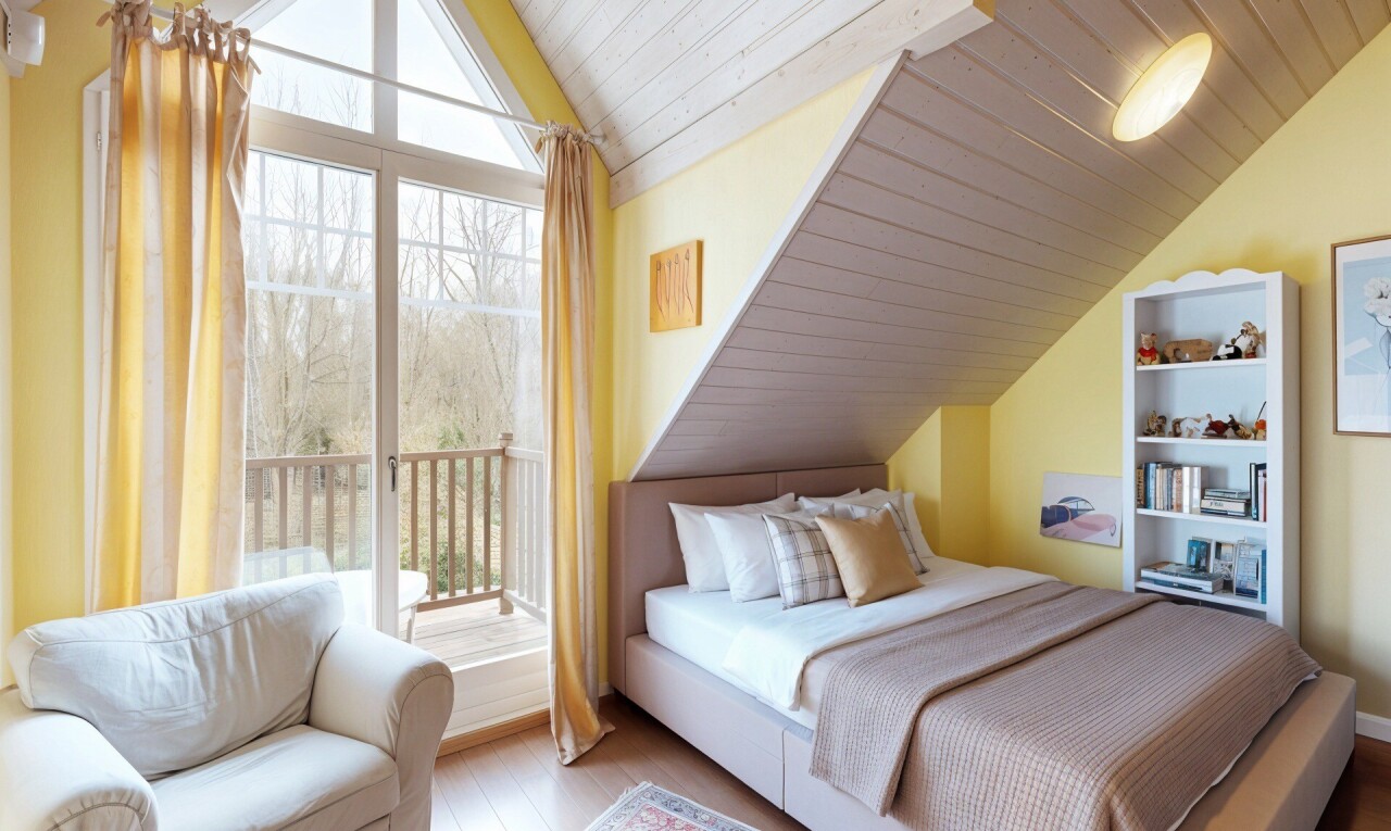 zimmer / schlafzimmer mit inside property, holzfußboden, wood finish floor, dachschräge, und vaulted ceiling
