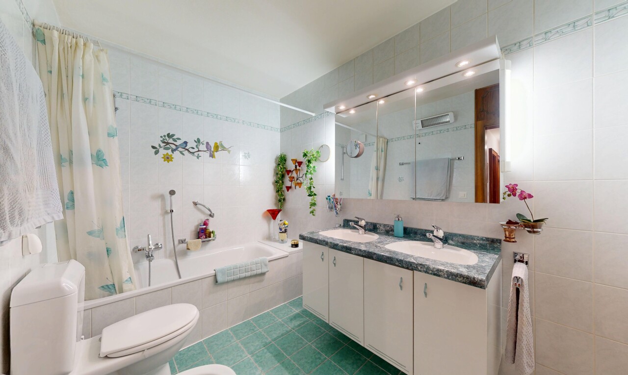 bad mit tile wall, fliesenwand, inside property, komplettes badezimmer, und doppelwaschtisch