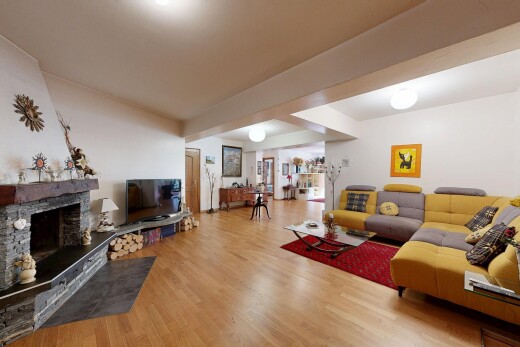 wohnzimmer mit kamin, fernseher, wood finish floor, holzfußboden, und inside property