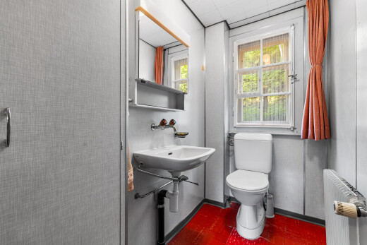 salle de bains avec miroir, toilette, radiateur, évier, et dark floor