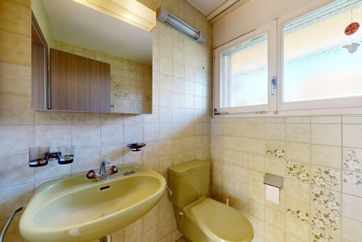 salle de bains avec toilette, miroir, évier, mur en carrelage, et tile wall