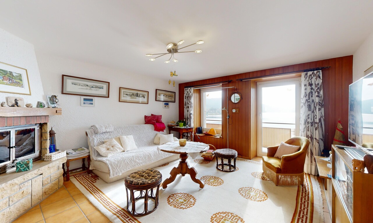salon avec natural light, lumière naturelle, inside property, cheminée, et tile floor