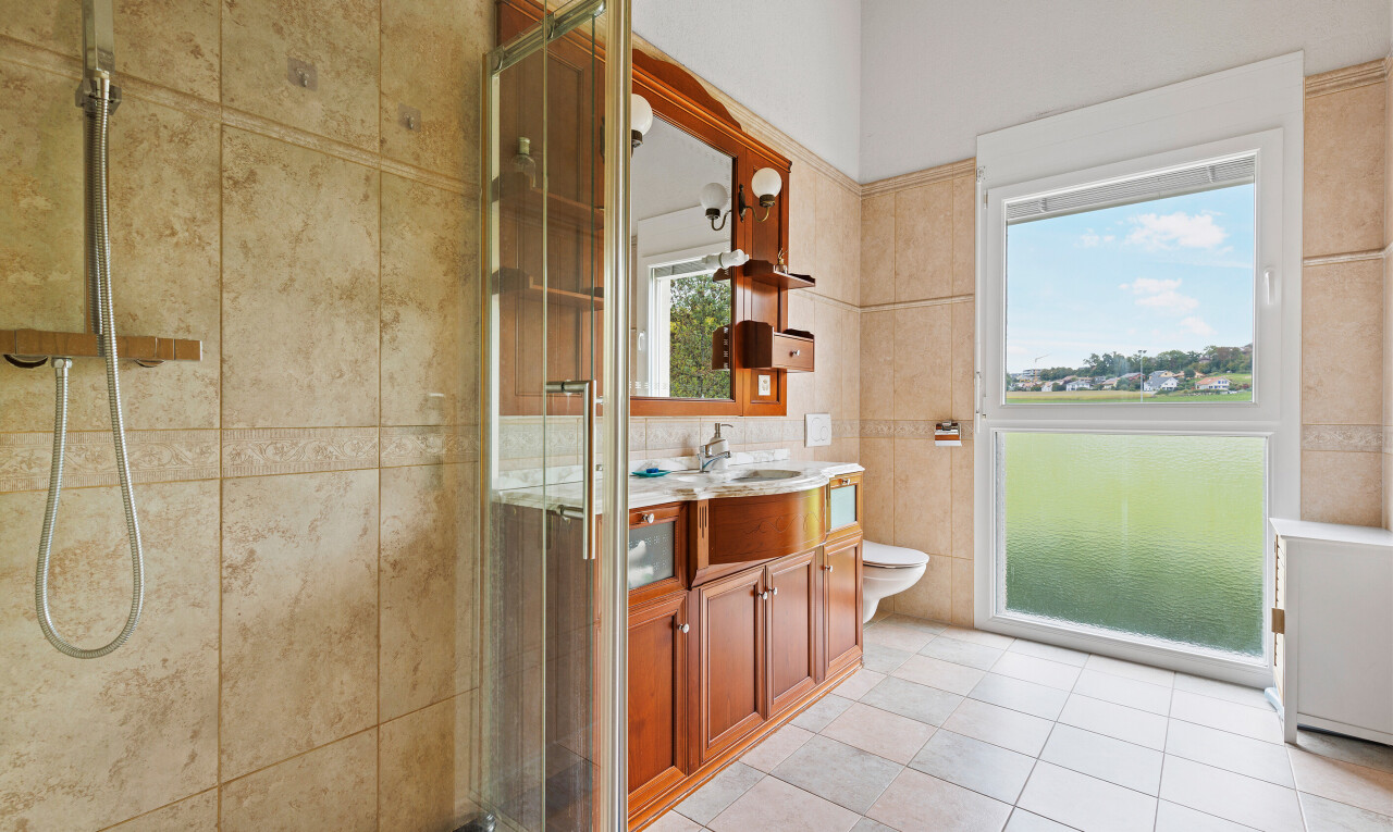 salle de bains avec douche, lavabo (ou coiffeuse selon le contexte), miroir, salle de bain complète, et natural light