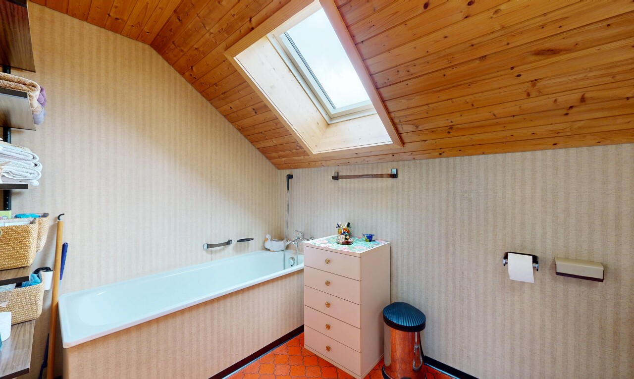 salle de bains avec puits de lumière, bain, vaulted ceiling, plafond voûté, et salle de bain complète