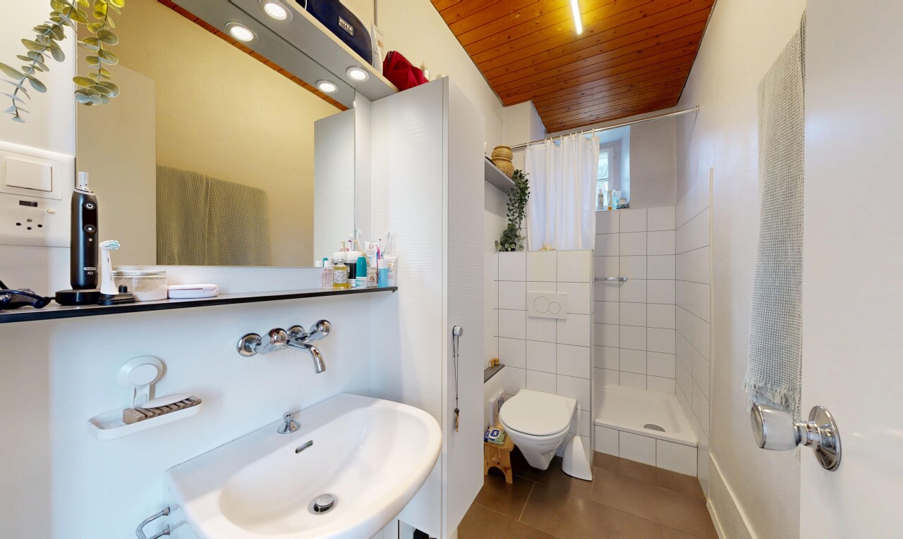 salle de bains avec plafond en bois, wood ceiling, salle de bain complète, inside property, et douche