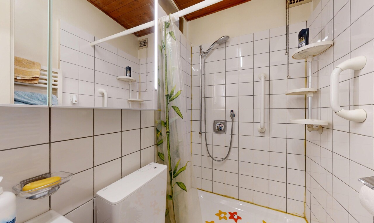 salle de bains avec salle de bain complète, inside property, mur en carrelage, tile wall, et plafond en bois
