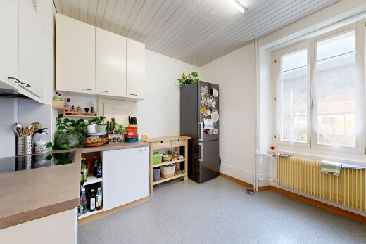küche mit kühler, natürliches licht, natural light, weiße schränke, und kühlschrank