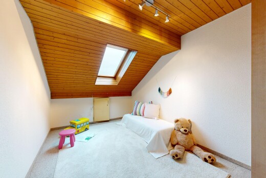 chambre avec plafond en bois, wood ceiling, plafond voûté, vaulted ceiling, et moquette