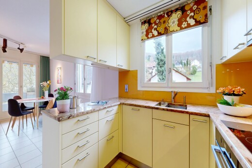 küche mit küchentheke, kitchen peninsula, light countertops, ofen, und natürliches licht