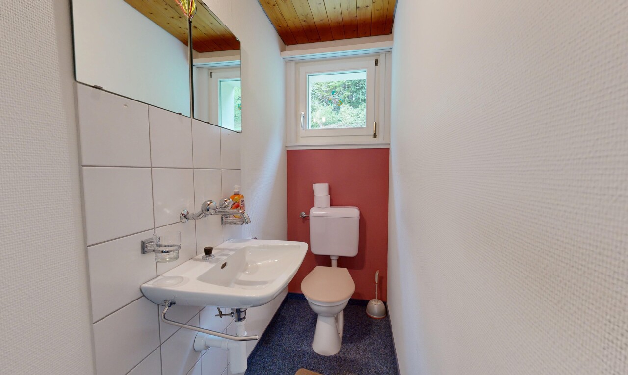 bad mit gäste-wc, spiegel, toilette, holzdecke, und wood ceiling