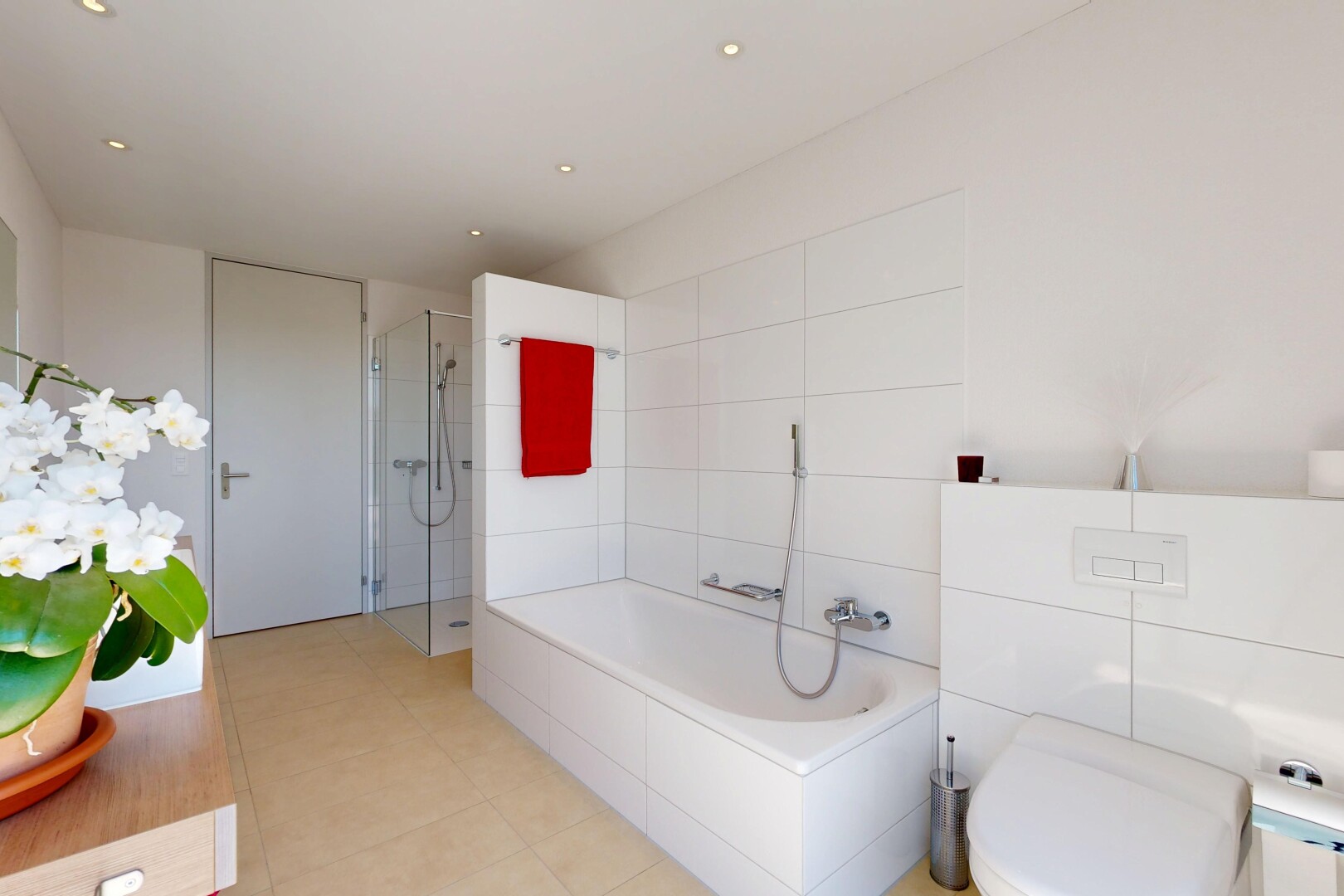 full bathroom featuring a stall shower, a bath, vanity, and recessed lighting