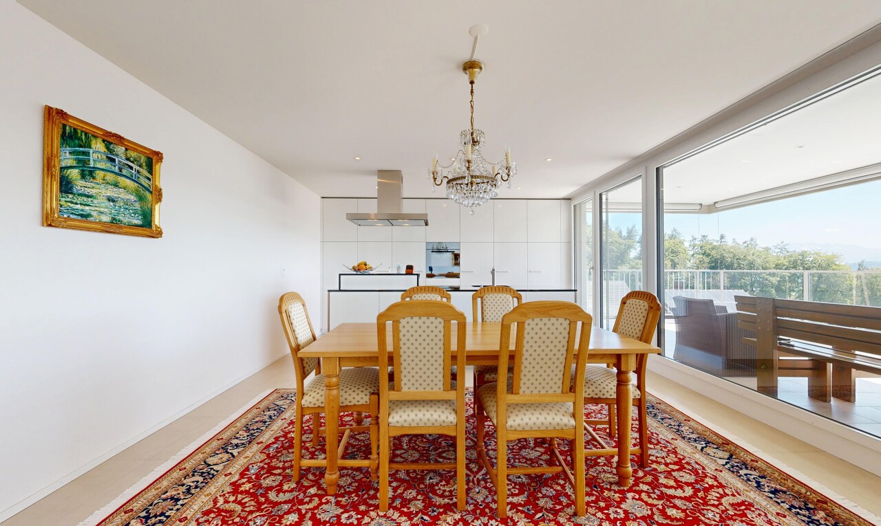 dining space with hanging lights