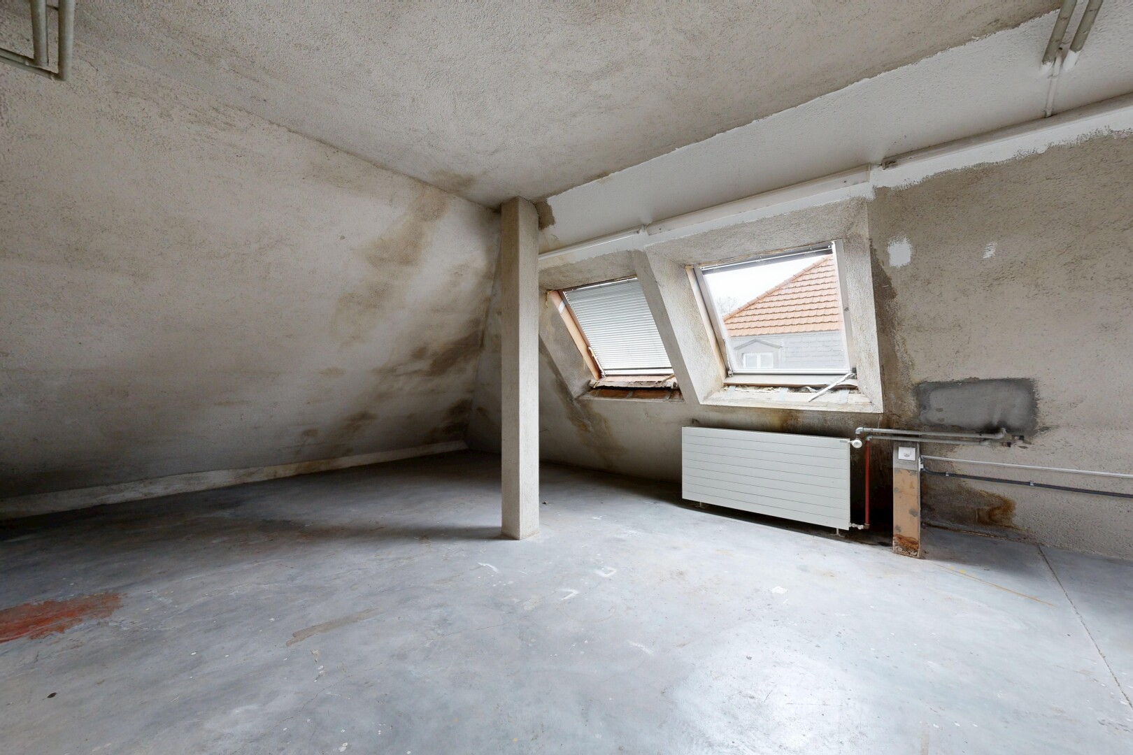 pièce vide avec sol en béton, concrete floor, lumière naturelle, natural light, et plafond bas