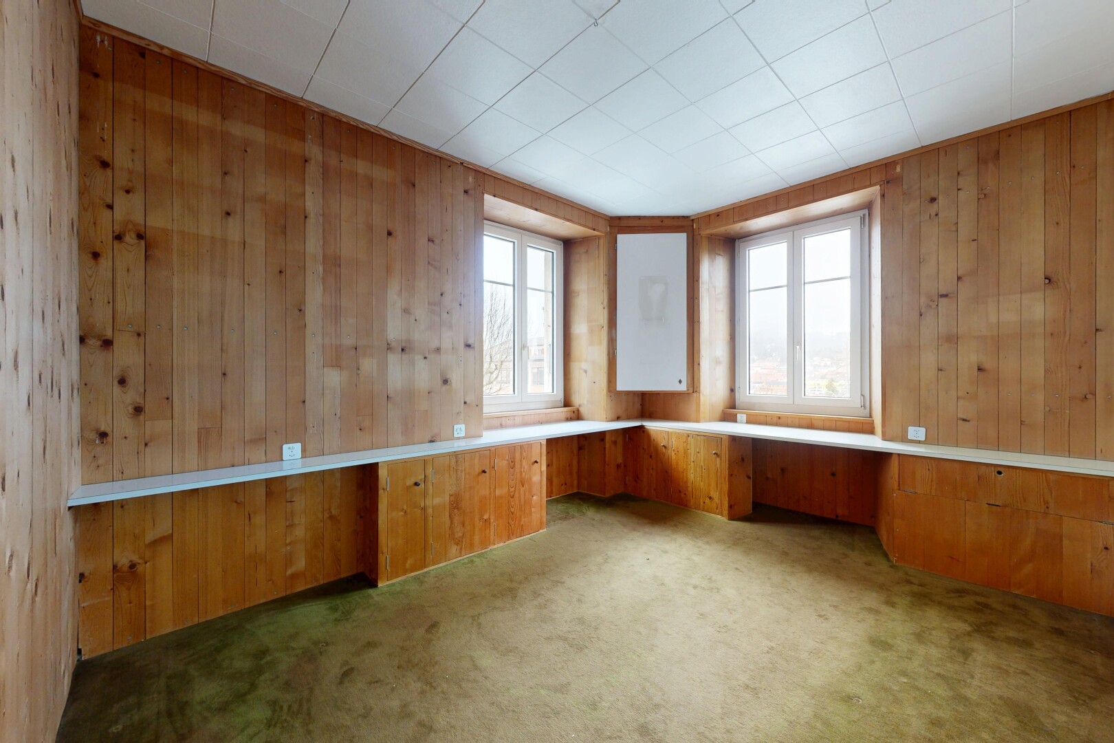 pièce vide avec moquette, carpet, inside property, mur en bois, et wood wall