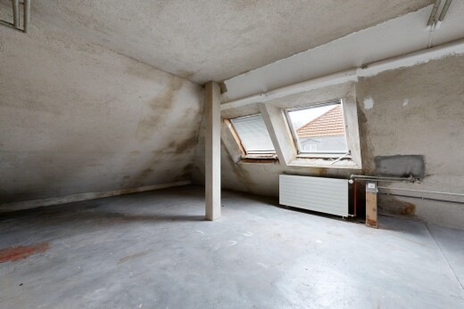 pièce vide avec sol en béton, concrete floor, lumière naturelle, natural light, et plafond bas