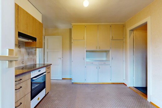 küche mit ofen, dunstabzugshaube, teppich, carpet, und inside property