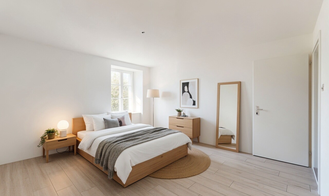 chambre avec wood finish floor, sol en finition bois, inside property, drywall, et cloison sèche