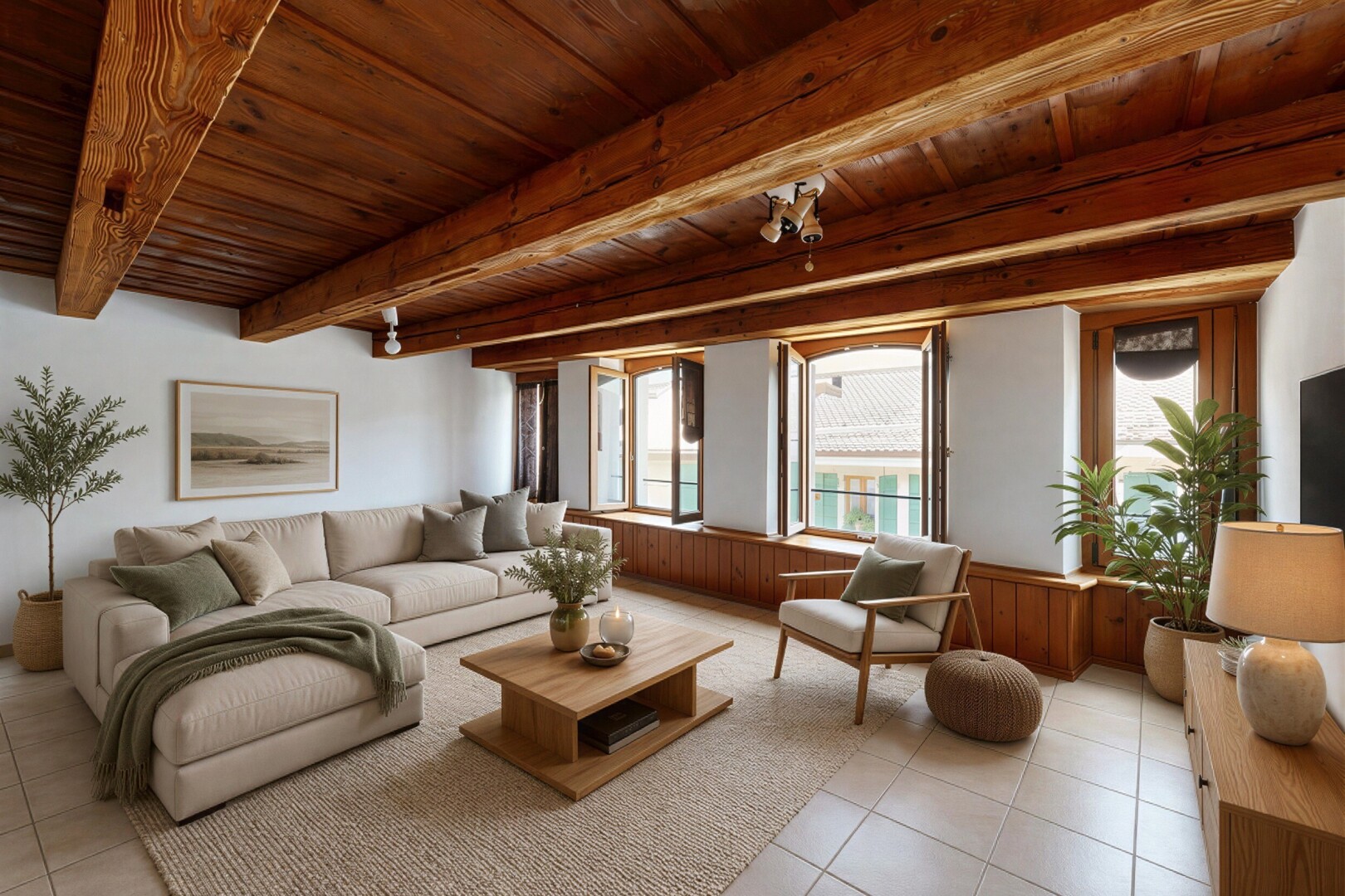living area featuring a wooden ceiling with exposed beams and light tile patterned floors