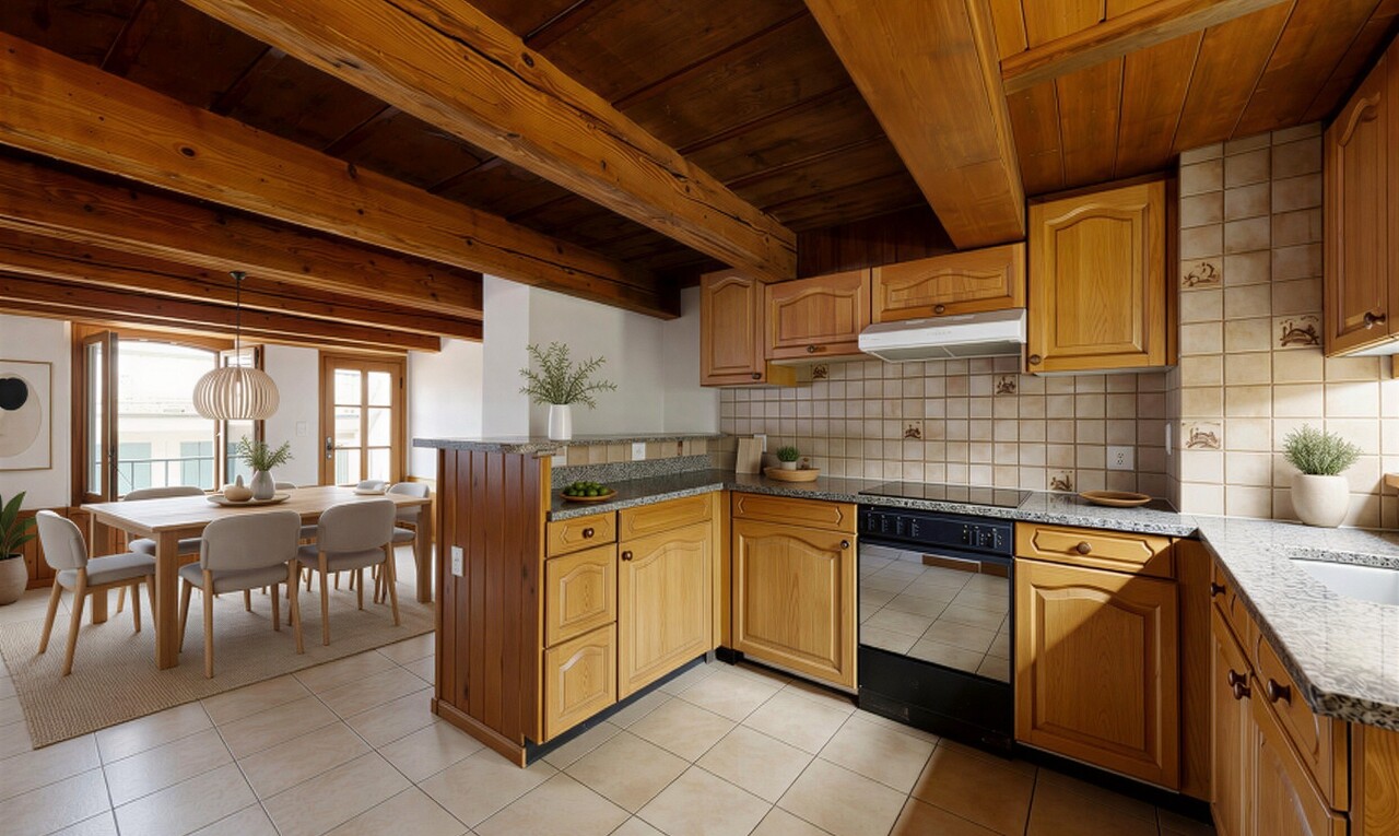 kitchen with backsplash, light stone counters, a wood ceiling with exposed beams, light tile patterned floors, and wood finish cabinetry