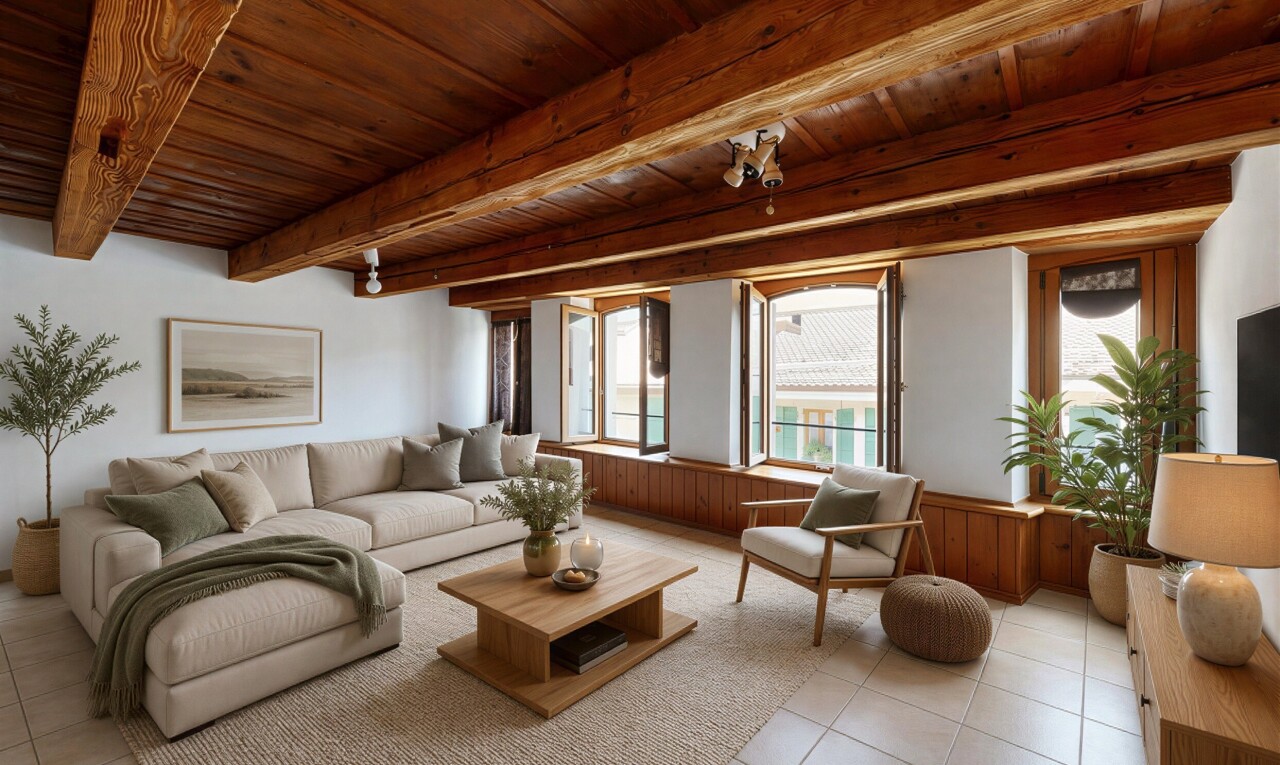 living area featuring a wooden ceiling with exposed beams and light tile patterned floors