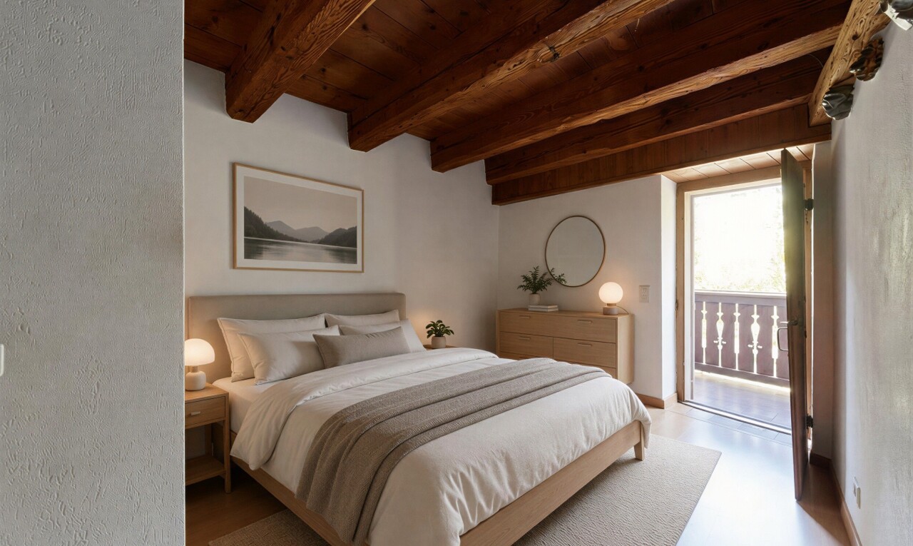 room / bedroom featuring access to exterior, a wooden ceiling with exposed beams, and a textured wall