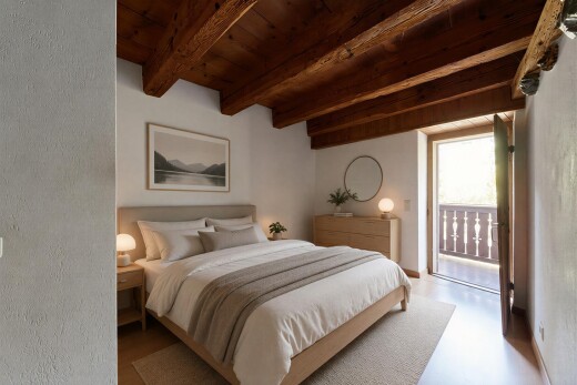 room / bedroom featuring access to exterior, a wooden ceiling with exposed beams, and a textured wall