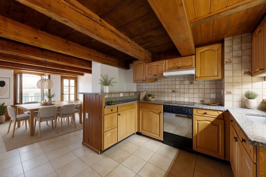 kitchen with backsplash, light stone counters, a wood ceiling with exposed beams, light tile patterned floors, and wood finish cabinetry