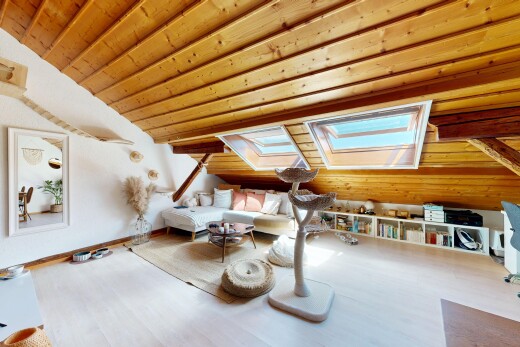 salon avec vaulted ceiling, plafond voûté, puits de lumière, wood ceiling, et plafond en bois