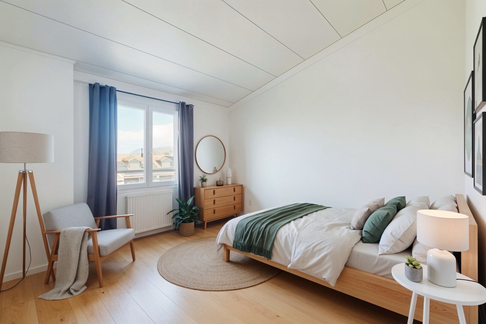 room / bedroom featuring radiator heating unit, light wood-style floors, vaulted ceiling, and ornamental molding