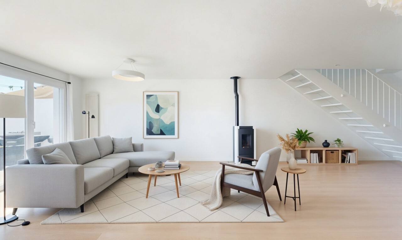 living area featuring stairway and light wood finished floors