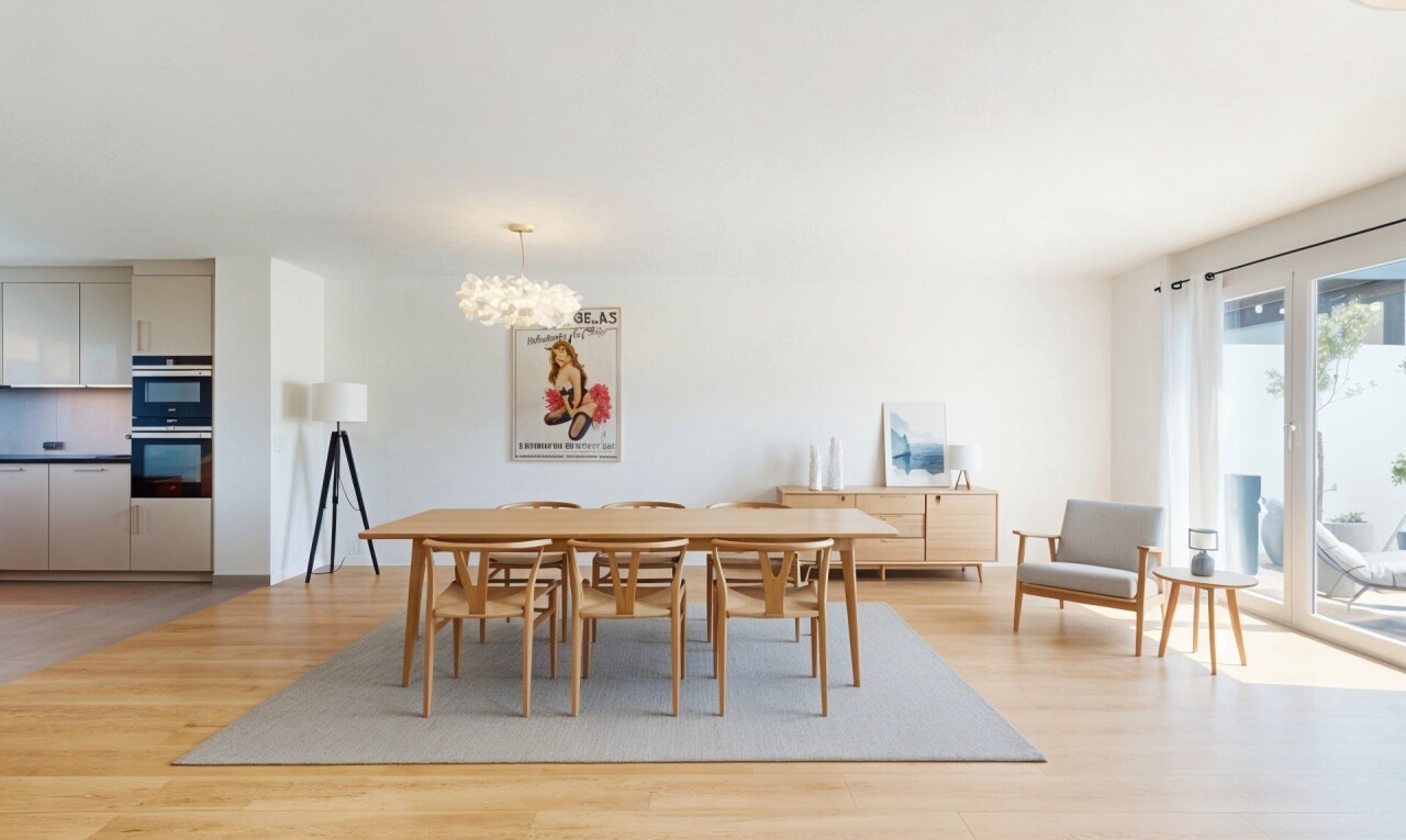 dining area featuring light wood finished floors and suspended lighting