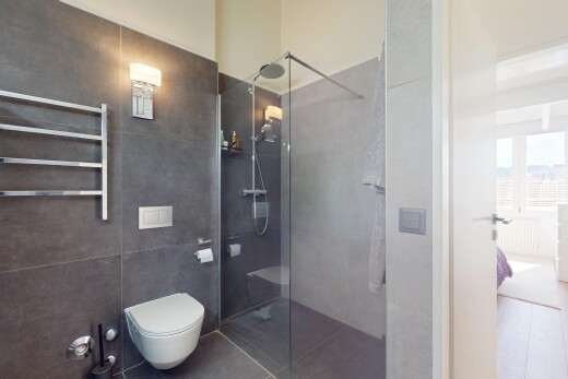 bad mit kühler, dusche, toilette, komplettes badezimmer, und natürliches licht